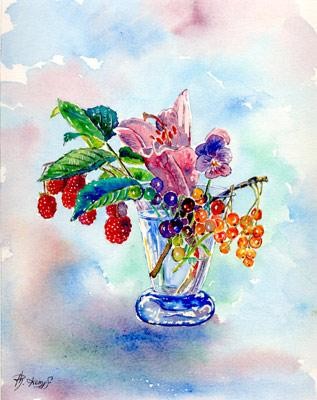 Peinture intitulée "bouquet de fruits" par Kempfi, Œuvre d'art originale, Autre