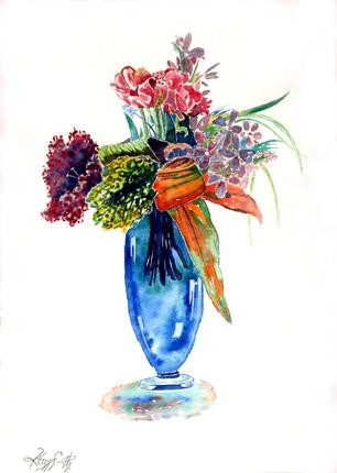 Peinture intitulée "bouquet au vase bleu" par Kempfi, Œuvre d'art originale, Autre
