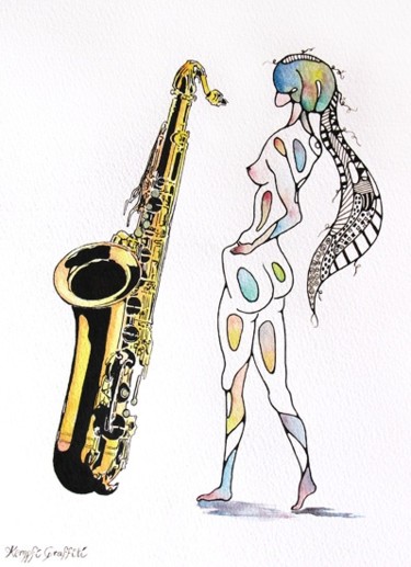 Schilderij getiteld "Femme au Saxo" door Kempfi, Origineel Kunstwerk, Olie