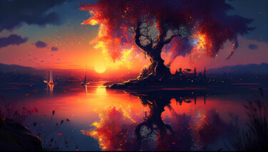 Digitale Kunst mit dem Titel "Sunrise at a Tree" von Kenny Landis, Original-Kunstwerk, KI-generiertes Bild