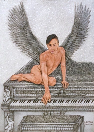 Textile Art titled "Angel And The Piano" by Kent Chua, Original Artwork