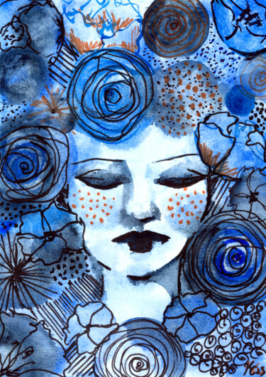 Schilderij getiteld "Blue moon" door Kenza Chraibi, Origineel Kunstwerk, Aquarel