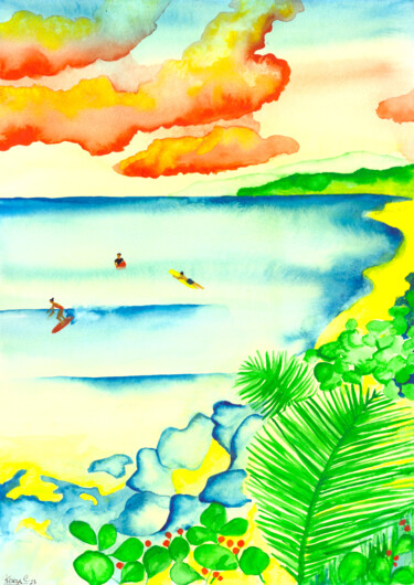 Peinture intitulée "Anse aux vagues" par Kenza Chraibi, Œuvre d'art originale, Aquarelle