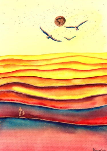 Ζωγραφική με τίτλο "Desert" από Kenza Chraibi, Αυθεντικά έργα τέχνης, Ακουαρέλα