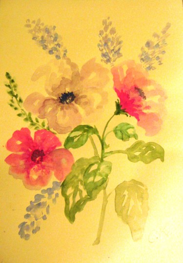 Peinture intitulée "Fleurs sur fond jau…" par Carolina Kergall, Œuvre d'art originale