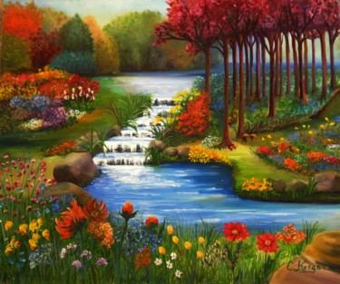 Peinture intitulée "Le jardin tranquil" par Carolina Kergall, Œuvre d'art originale