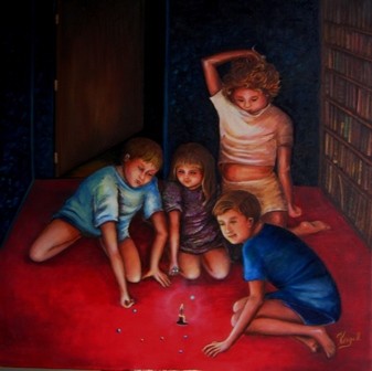 Peinture intitulée "Jouons aux billes?" par Carolina Kergall, Œuvre d'art originale, Huile