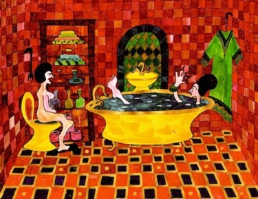 Painting titled "Women in the bathro…" by Kata Keresztely, Original Artwork, Oil