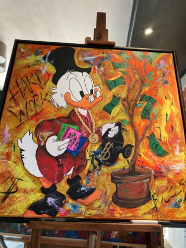 Schilderij getiteld "Dagobert Duck" door Kerstin Lansche, Origineel Kunstwerk, Acryl Gemonteerd op Frame voor houten brancard