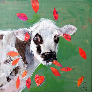Painting titled "COW 3" by Laurence Poitrin, Original Artwork, Collages Mounted on Wood Stretcher frame