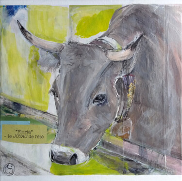 Painting titled "Floria, vache à l'a…" by Laurence Poitrin, Original Artwork, Acrylic Mounted on Wood Stretcher frame