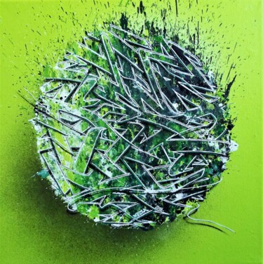 Peinture intitulée "GREEN COSMIQUE" par Kesa Graffiti, Œuvre d'art originale, Bombe aérosol Monté sur Châssis en bois