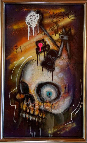 Painting titled "« Mr Skull »" by Mickael Bereriche (KESMO), Original Artwork, Spray paint Mounted on Glass