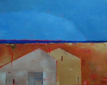 Painting titled "Seaside Cottages" by Kestutis Jauniskis, Original Artwork, Oil Mounted on Wood Stretcher frame