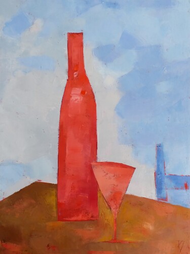 Painting titled "Table with a Bottle…" by Kestutis Jauniskis, Original Artwork, Oil