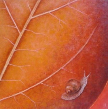 Painting titled "Leaf With Snail" by Kestutis Jauniskis, Original Artwork, Oil
