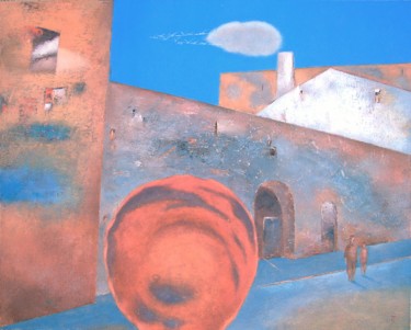 Painting titled "Old Town Fragment W…" by Kestutis Jauniskis, Original Artwork, Oil