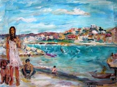Peinture intitulée "la plage de Marseil…" par Robert Keusseyan, Œuvre d'art originale, Huile
