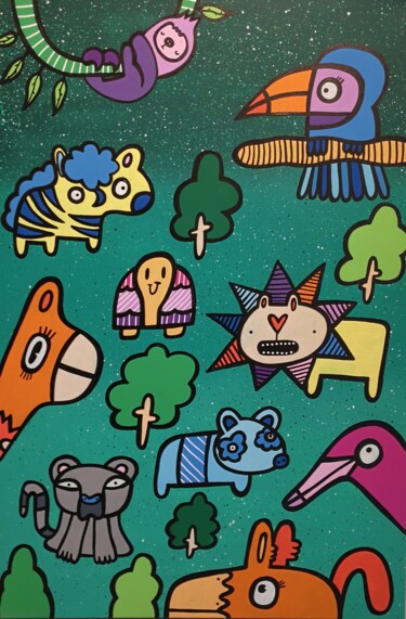 Картина под названием "Jungle Jam" - Kev Munday, Подлинное произведение искусства, Акрил Установлен на Деревянная рама для н…