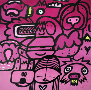 Painting titled "Pink crowd" by Kev Munday, Original Artwork, Marker Mounted on Wood Stretcher frame