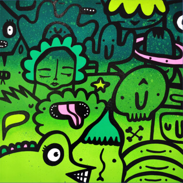 Peinture intitulée "Green crowd" par Kev Munday, Œuvre d'art originale, Marqueur Monté sur Châssis en bois