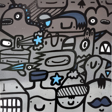 Malarstwo zatytułowany „Grey crowd” autorstwa Kev Munday, Oryginalna praca, Marker Zamontowany na Drewniana rama noszy