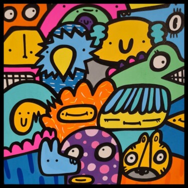 Painting titled "A small party 5" by Kev Munday, Original Artwork, Acrylic Mounted on Wood Stretcher frame