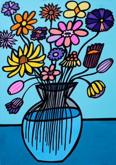 Painting titled "Cheerful Bouquet" by Kev Munday, Original Artwork, Acrylic Mounted on Wood Stretcher frame