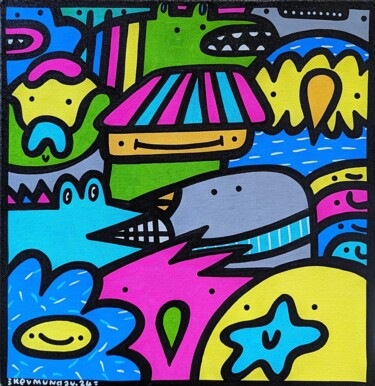 Malarstwo zatytułowany „Neon Pastel Pals” autorstwa Kev Munday, Oryginalna praca, Akryl Zamontowany na Drewniana rama noszy