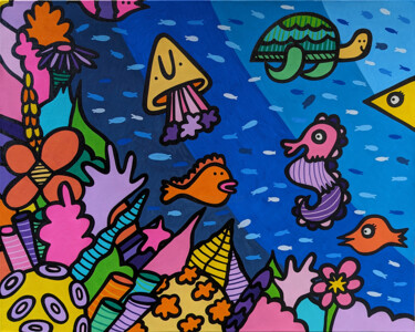 Painting titled "Magical Ocean" by Kev Munday, Original Artwork, Acrylic Mounted on Wood Stretcher frame