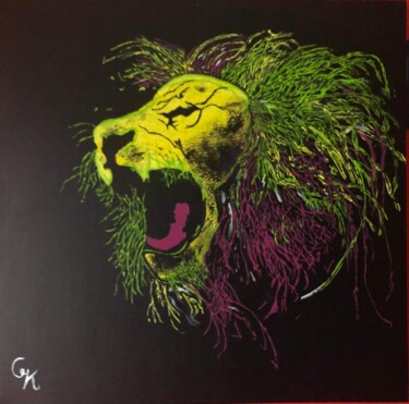 Peinture intitulée "Lion rugissant sur…" par Kevin Guelle, Œuvre d'art originale, Acrylique