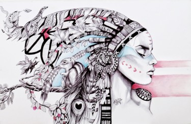Drawing titled "Partir" by Kevin Guerin, Original Artwork, Ballpoint pen Mounted on Wood Panel