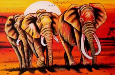 Painting titled "Elephants Walk at S…" by Kevin Jjagwe, Original Artwork, Acrylic