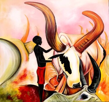 Painting titled "The young herdsman" by Kevin Jjagwe, Original Artwork, Acrylic