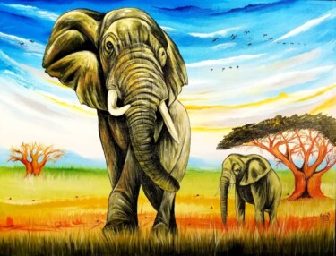 Schilderij getiteld "Savanna elephants." door Kevin Jjagwe, Origineel Kunstwerk, Acryl