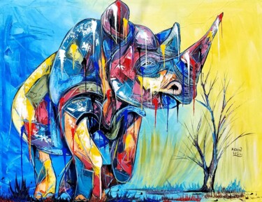 Closer to the African rhino Schilderij getiteld "Closer to the Afric…" door Kevin Jjagwe, Origineel Kunstwerk, Acryl