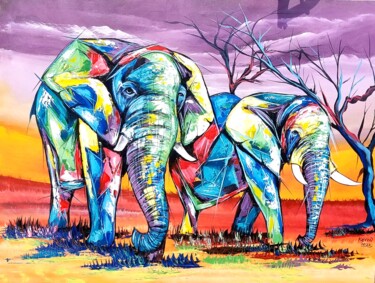 Painting titled "Elephants of dreaml…" by Kevin Jjagwe, Original Artwork, Acrylic Mounted on Wood Stretcher frame