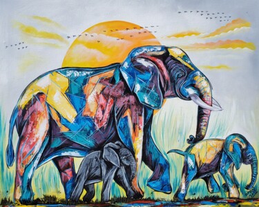 Картина под названием "Sunset elephants" - Kevin Jjagwe, Подлинное произведение искусства, Акрил