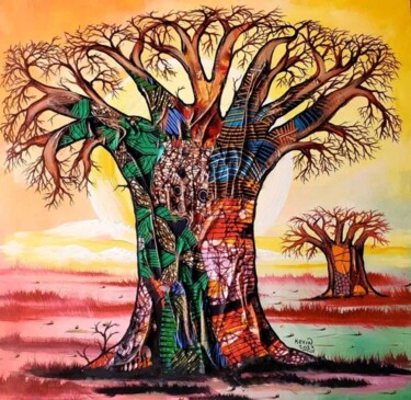 Pintura intitulada "Baobab at sunset" por Kevin Jjagwe, Obras de arte originais, Acrílico
