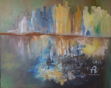 Painting titled "skyscrapering lake" by Bénédicte Keymeulen (LaraKey), Original Artwork, Acrylic