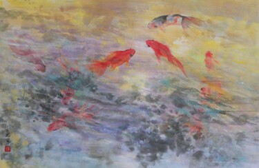 Painting titled "Goldfish" by Kezhen Shi, Original Artwork, Ink Mounted on Other rigid panel