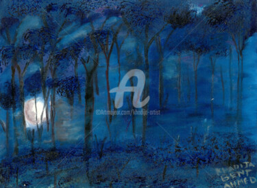 Malerei mit dem Titel "La nuit bleue" von Khadija Bent Ahmed, Original-Kunstwerk, Öl