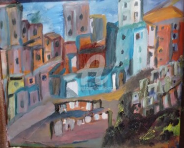 Peinture intitulée "maisons du quartier" par Khadija Bent Ahmed, Œuvre d'art originale, Huile