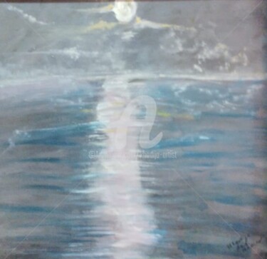 Painting titled "Lune à la mer" by Khadija Bent Ahmed, Original Artwork, Oil