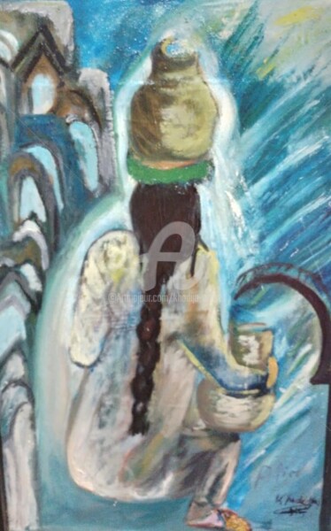 Peinture intitulée "la porteuse de l’eau" par Khadija Bent Ahmed, Œuvre d'art originale, Huile