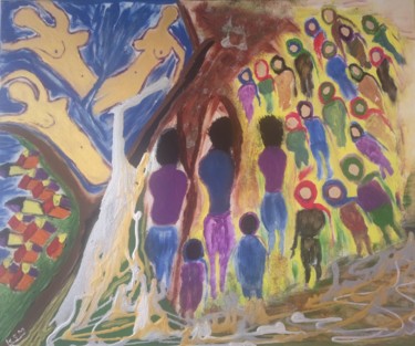 Pintura intitulada "les villageois  s'i…" por Khadija Sadek Moudafi, Obras de arte originais, Óleo