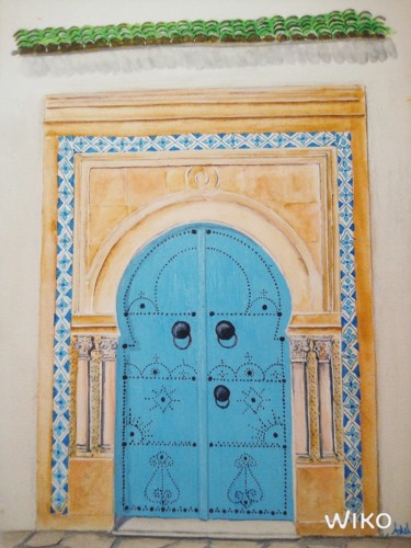 Pittura intitolato "porte bleue" da Adelka, Opera d'arte originale, Acquarello