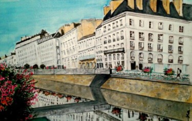 Painting titled "les Quais Rennes" by Adelka, Original Artwork, Watercolor Mounted on Wood Panel