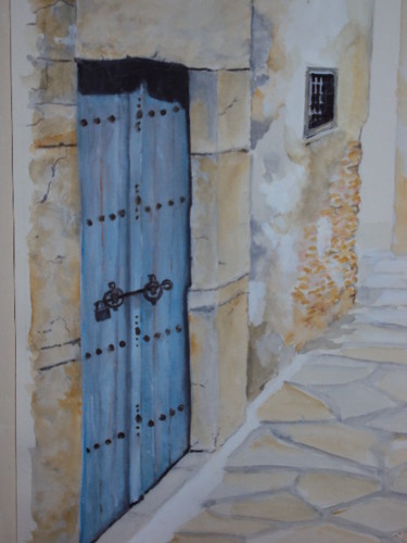 Painting titled "PORTE A HAMMAMET" by Adelka, Original Artwork, Watercolor Mounted on Wood Panel