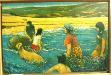 Malerei mit dem Titel "Le bain du mouton" von Khaled Guemroud, Original-Kunstwerk, Öl Auf Keilrahmen aus Holz montiert